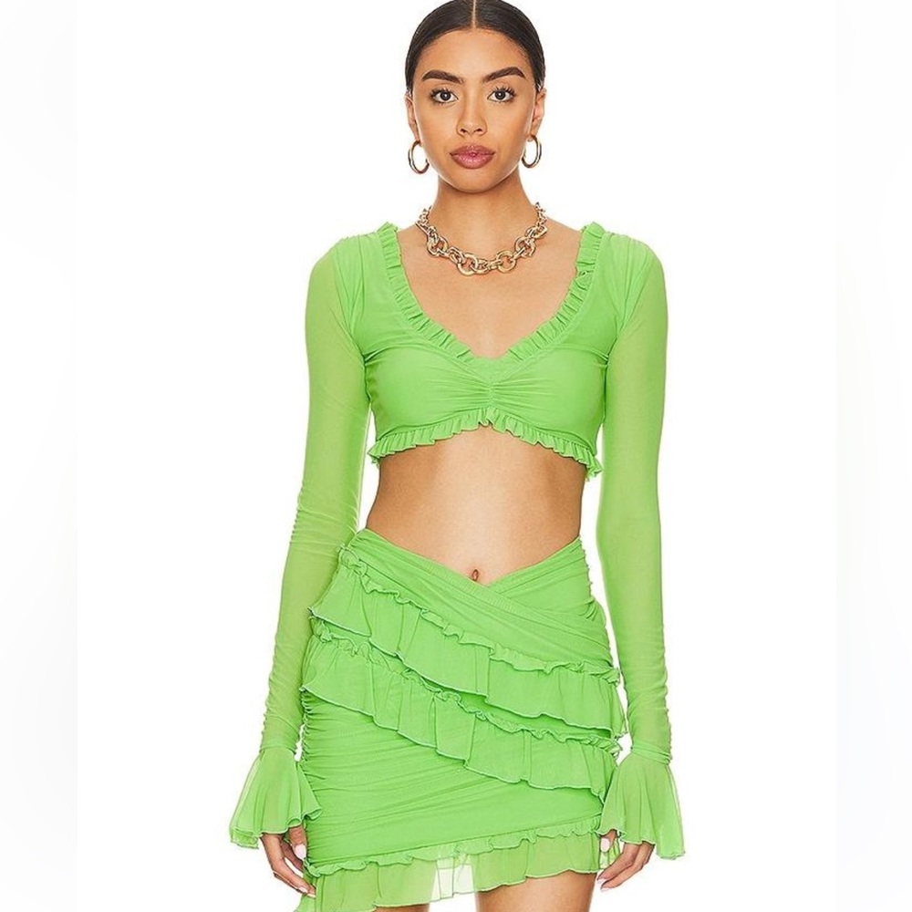 NWT Revolve Majorelle Green Macey Crop Top Long Bell Sleeves Ruffle medium